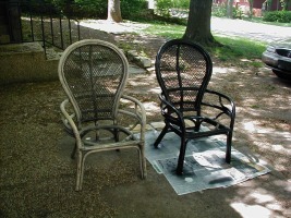 Rattan chairs during stripping and repainting.